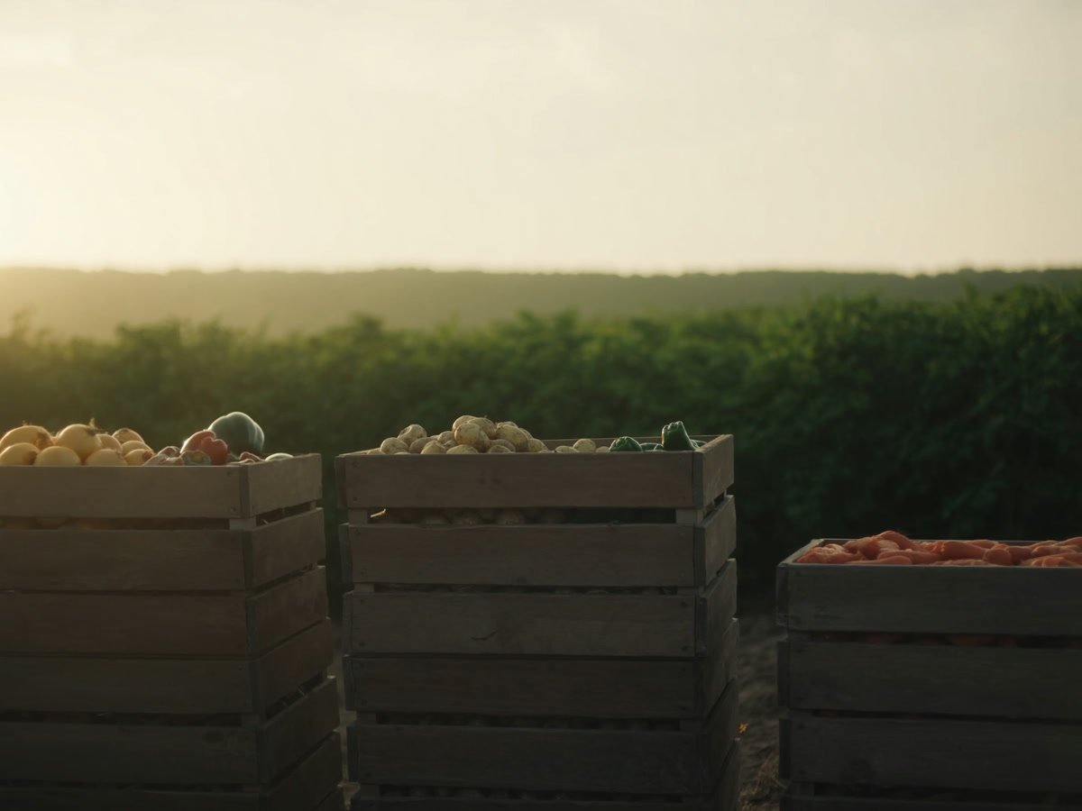 Crates of vegetables at the edge of a field at dawn